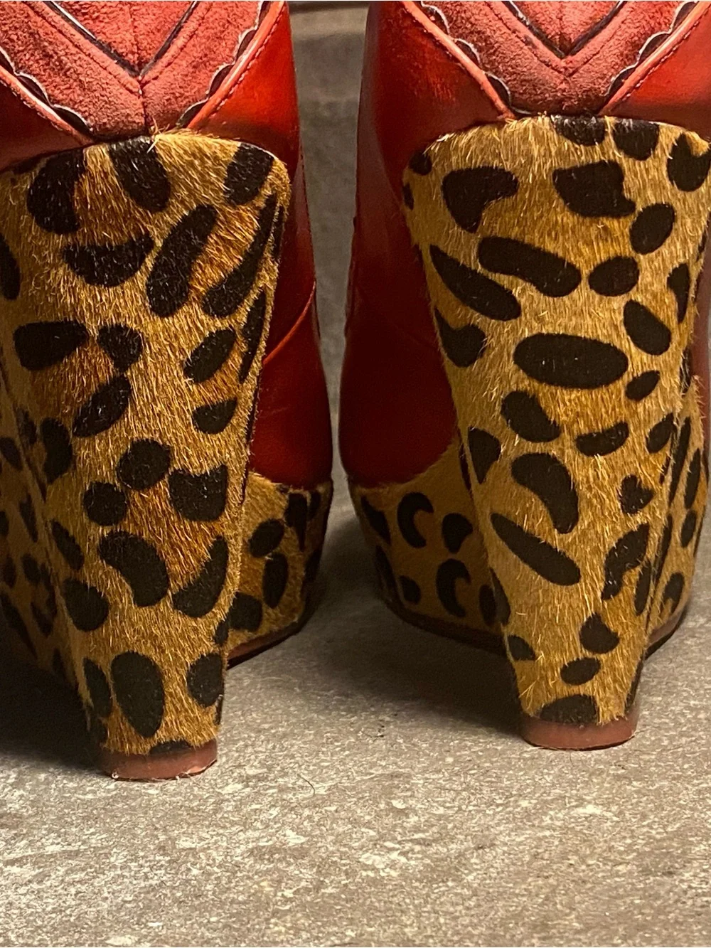 Irregular Choice Body Love platform wedges,red leather,leopard faux fur,in box,7